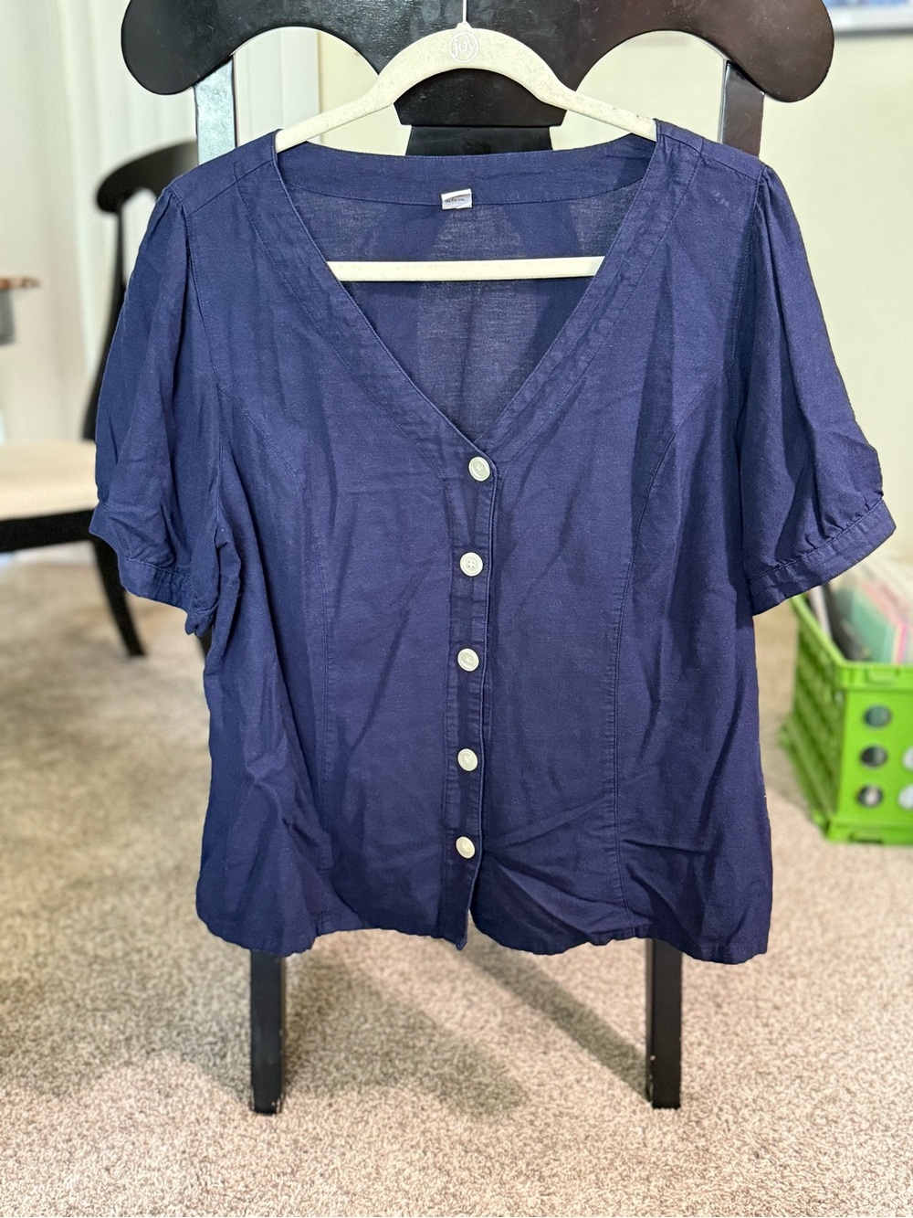 Women's Old Navy Large Navy Blue Short Sleeve Button Down Top